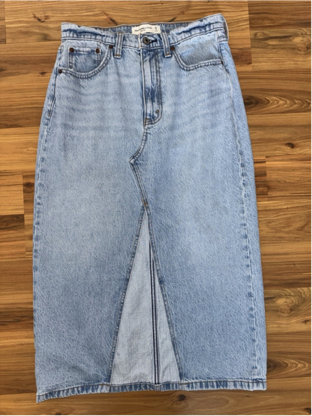 Abercrombie High Rise Denim Midi Skirt Light Wash Slit Minimal Size 27